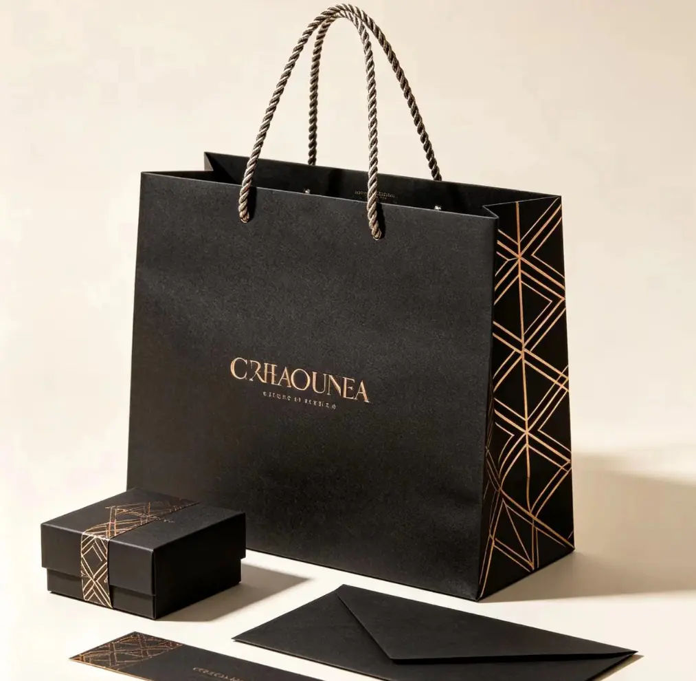 12 Black Gold Hot‑Stamping Luxury Paper Shopping Bag Gift Set, Including Gift Box, Envelope & Card - Image 1