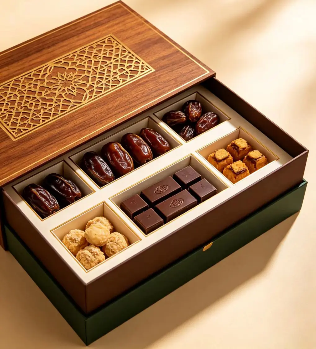14 Wood‑Grain Hot‑Stamping Divided Compartment Rigid Gift Box For Dates Pastry Chocolate Nuts - Image 1