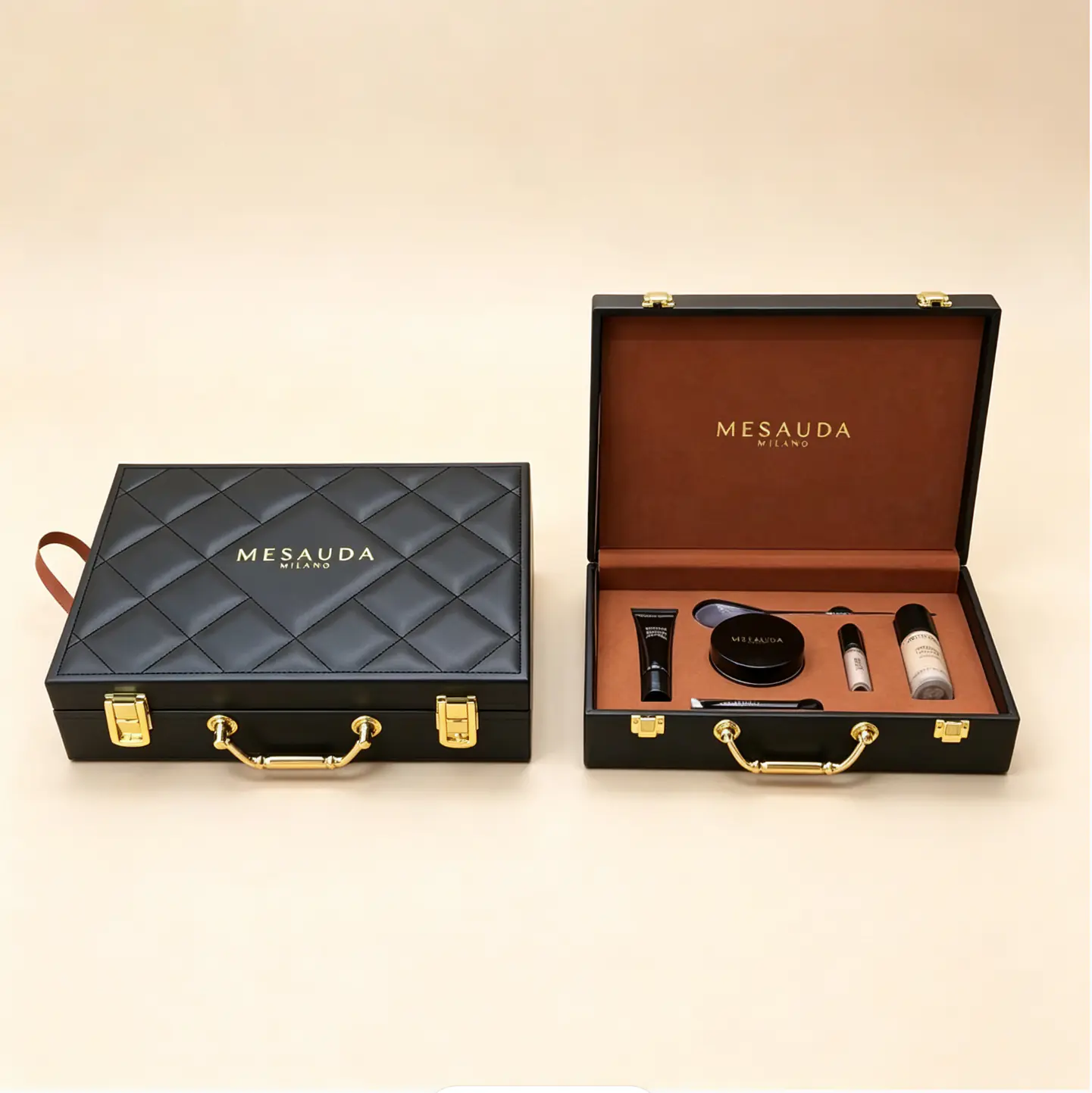 24 Black Quilted PU Leather Cosmetic Gift Box With Gold Lock Handle Custom Logo Makeup Set Packaging - Image 1