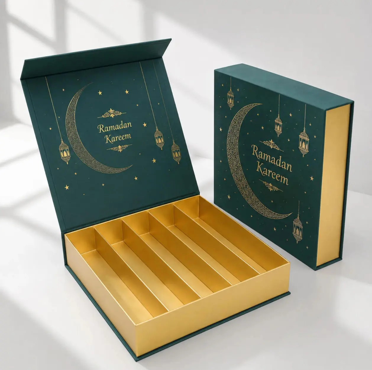 4 Dark Green Ramadan Themed Magnetic Flip‑Top Rigid Gift Box With Divider Compartments - Image 1