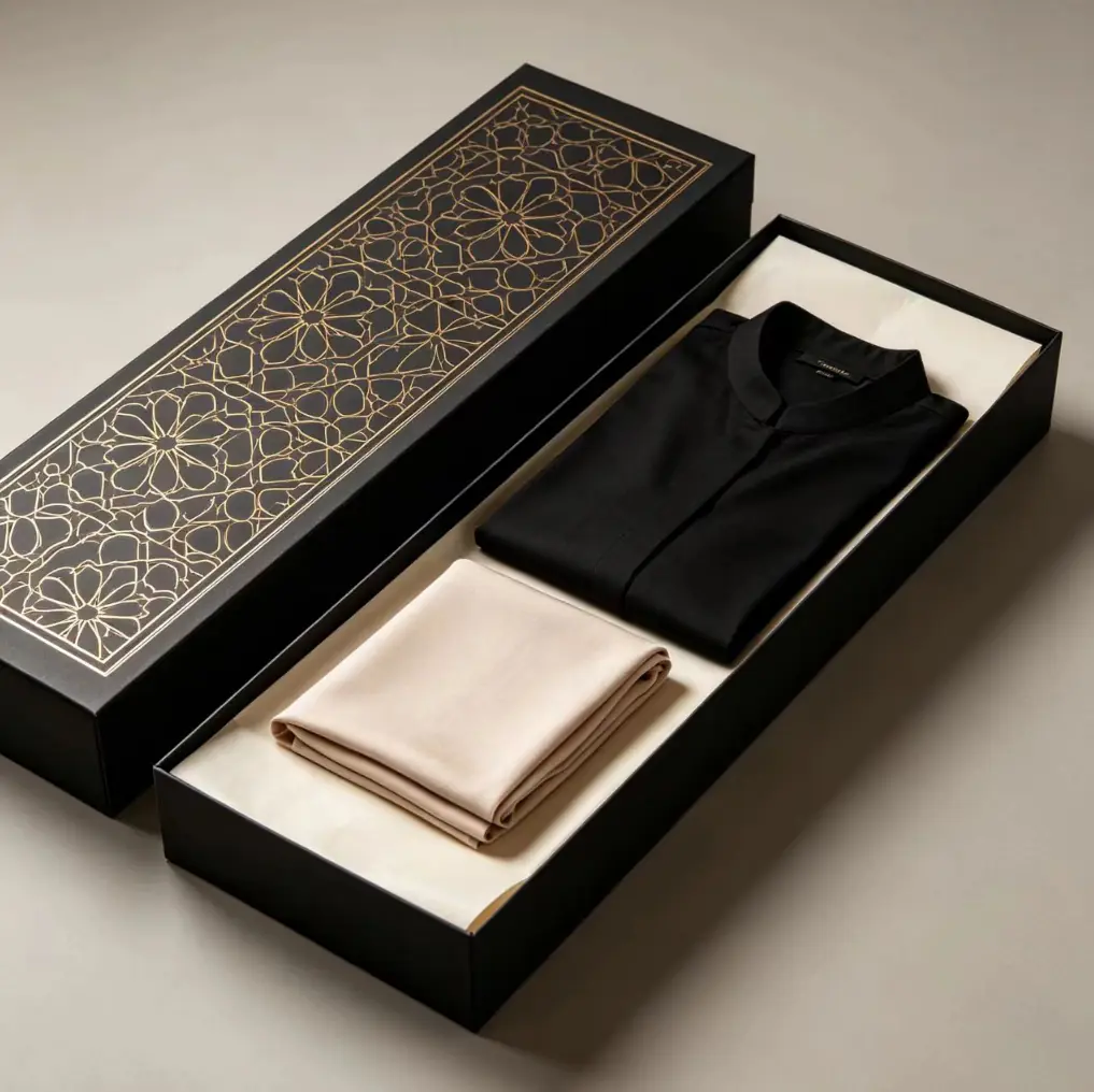 6 Long Two‑Piece Rigid Gift Box With Gold Hot‑Stamping For Abaya Thobe Garment Set - Image 1