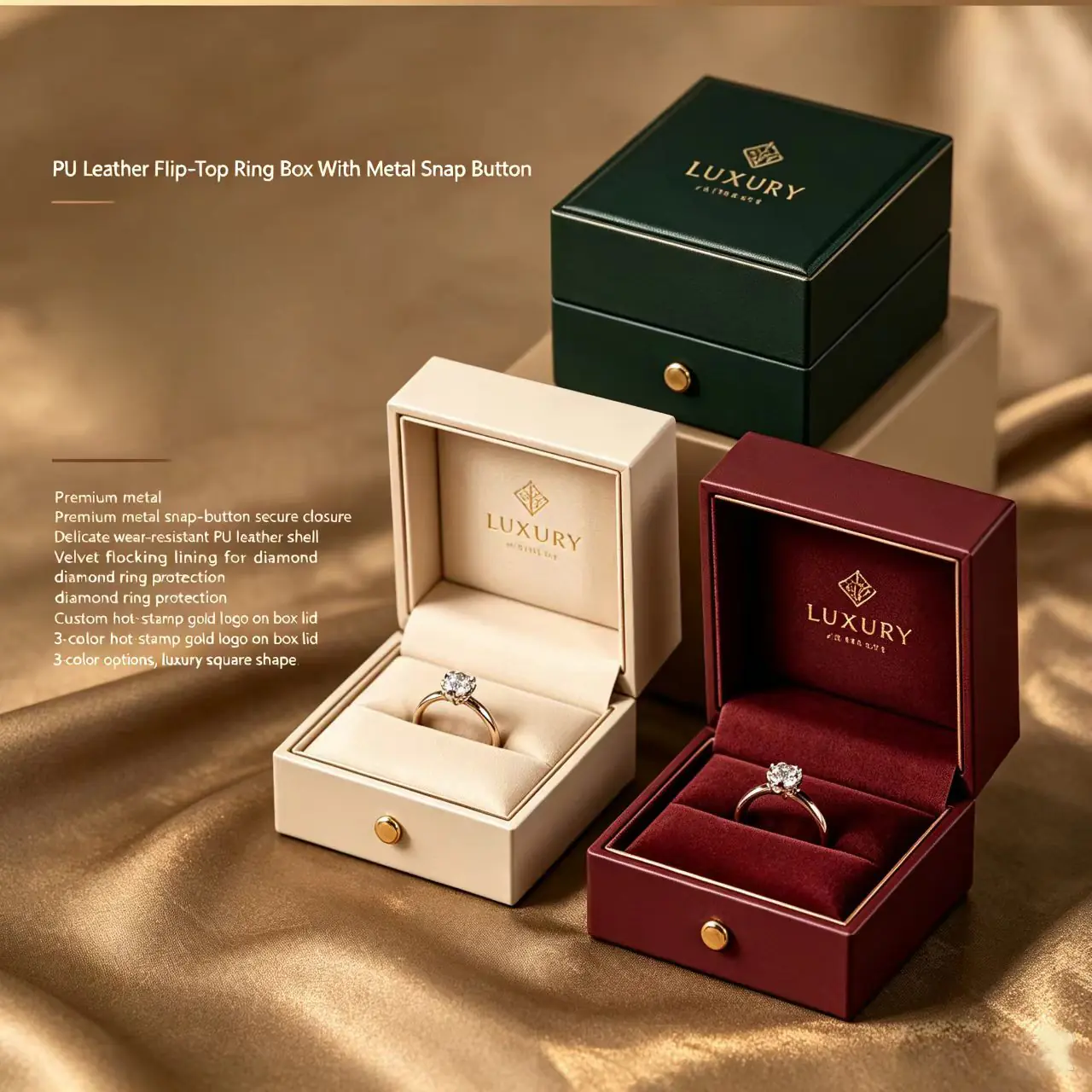 7 PU Leather Flip‑Top Ring Box With Metal Snap Button, Diamond Ring Jewelry Packaging - Image 1