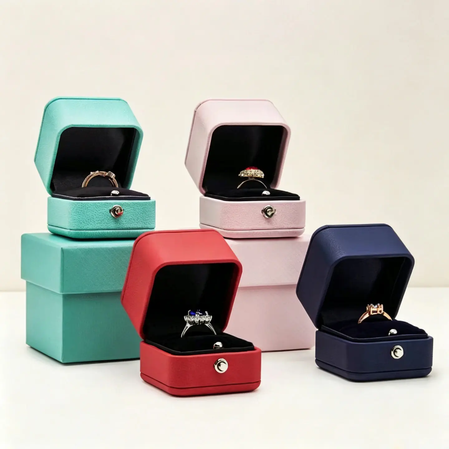 10 Snap‑button PU Leather Ring Box, Luxury Multi‑color Jewelry Packaging Case - Image 1