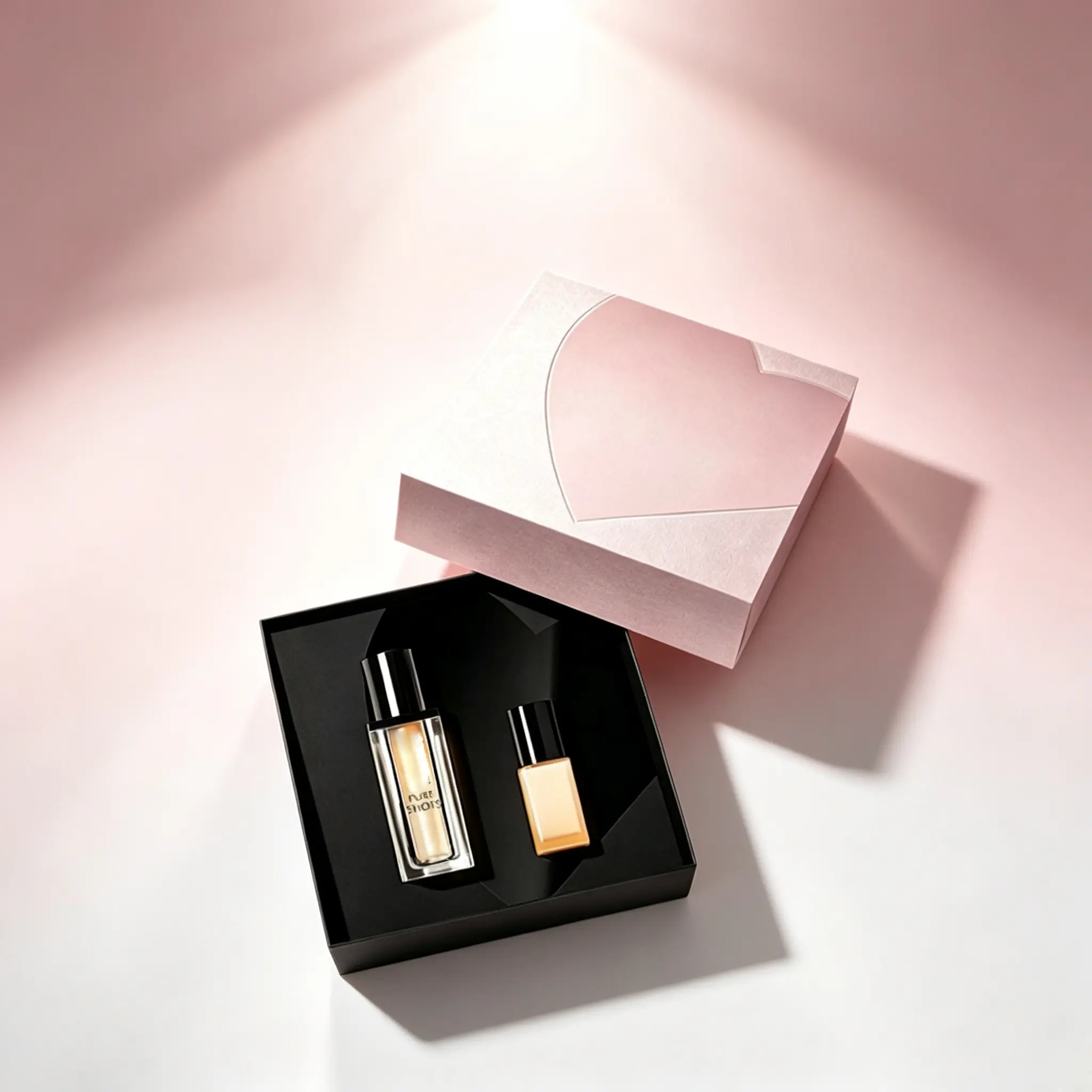 105 Pink Heart Embossed Lid & Base Box for 2pcs Serum Makeup Set - Image 1