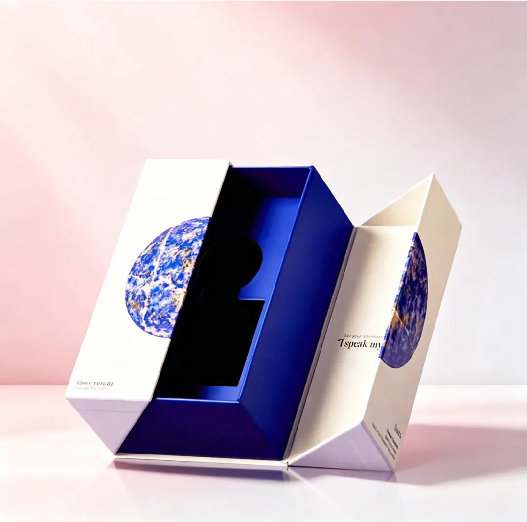109 Blue & White Contrast Geometric Double Door Box for Single Perfume Bottle - Image 1