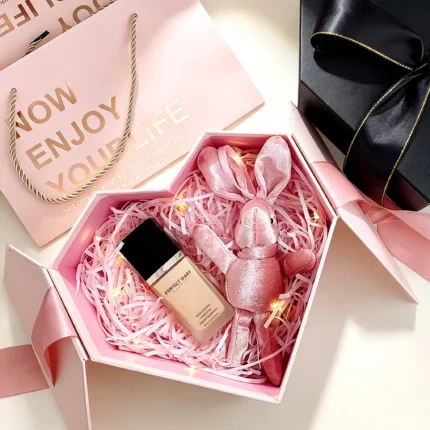 Pink Heart Shape Double Opening Gift Box with Satin Bow for Cosmetics, Perfume & Jeweller