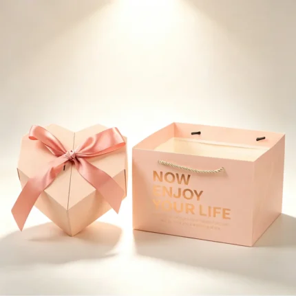 Nude Pink Heart Shape Double Opening Gift Box with Satin Bow, Birthday Souvenir Box for Perfume & Cosmetics with Gift Bag