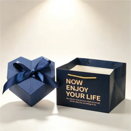 Navy Blue Heart Shape Double Opening Gift Box with Satin Bow, Luxury Packaging for Perfume & Cosmetics with Gift Bag