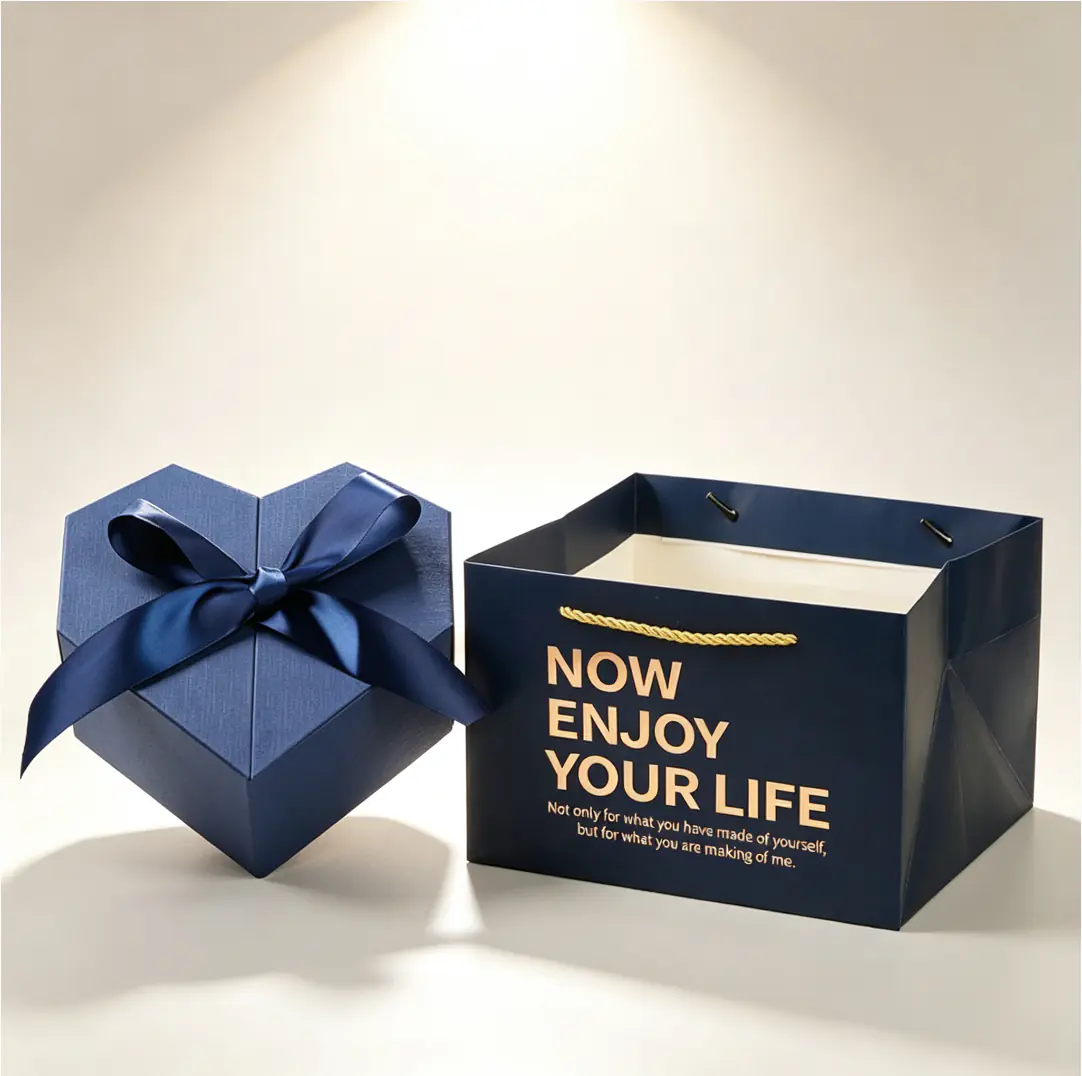 118 Navy Blue Heart Shape Double Opening Gift Box with Satin Bow, Luxury Packaging for Perfume & Cosmetics with Gift Bag - Image 1