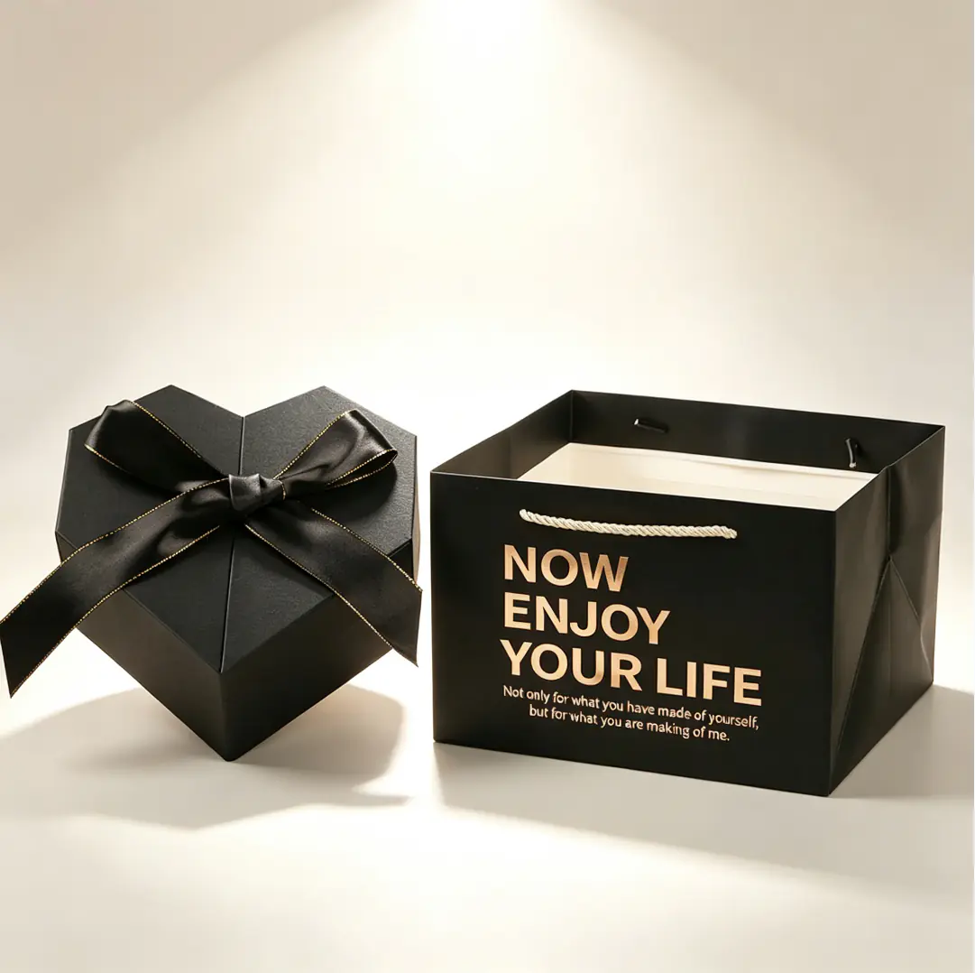 119 Black Heart Shape Double Opening Gift Box with Gold Edge Satin Bow, Luxury Box for Perfume & Cosmetics with Tote Bag - Image 1