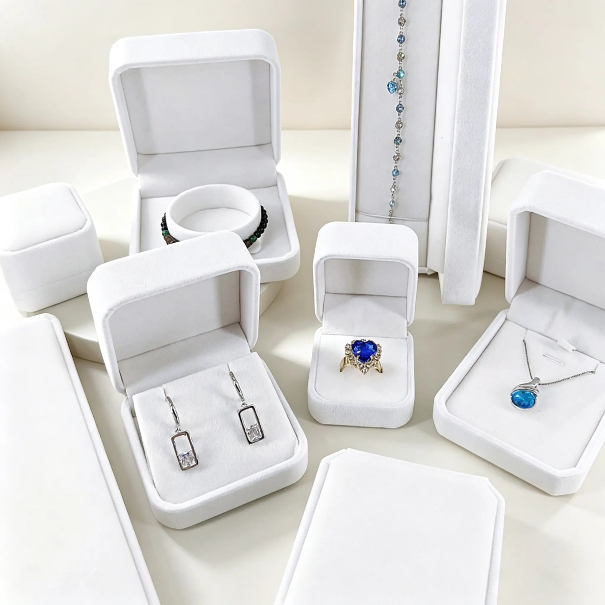 12 Pure‑White Suede Full‑Range Jewelry Box,Multi‑size Packaging for Ring,Earrings,Necklace & Bracelet - Image 1