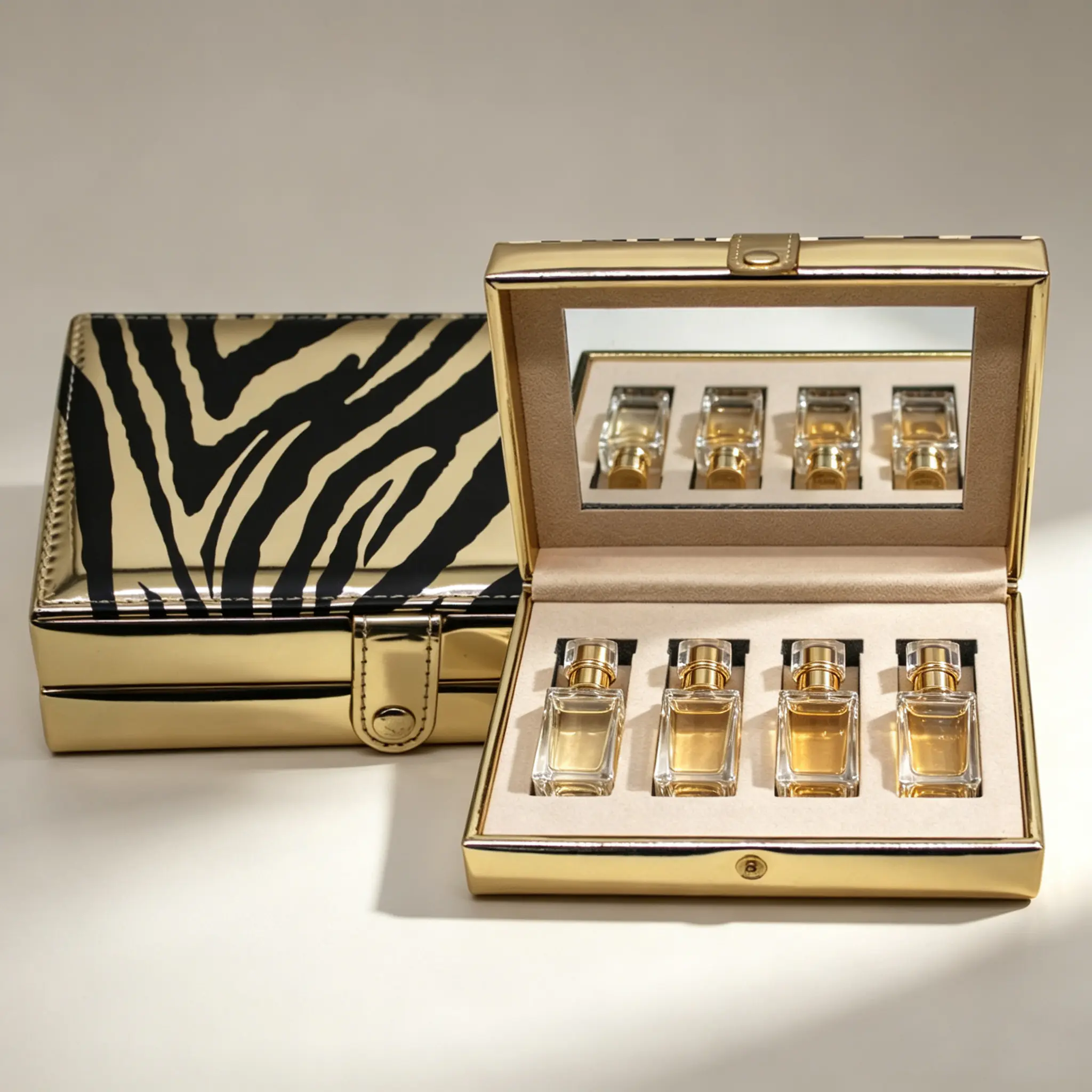 129 Luxury Gold Zebra Stripe Perfume Gift Box, 4 Slots Fragrance Storage Case with Built-in Mirror, PU Leather Perfume Sample Packaging Box - Image 1