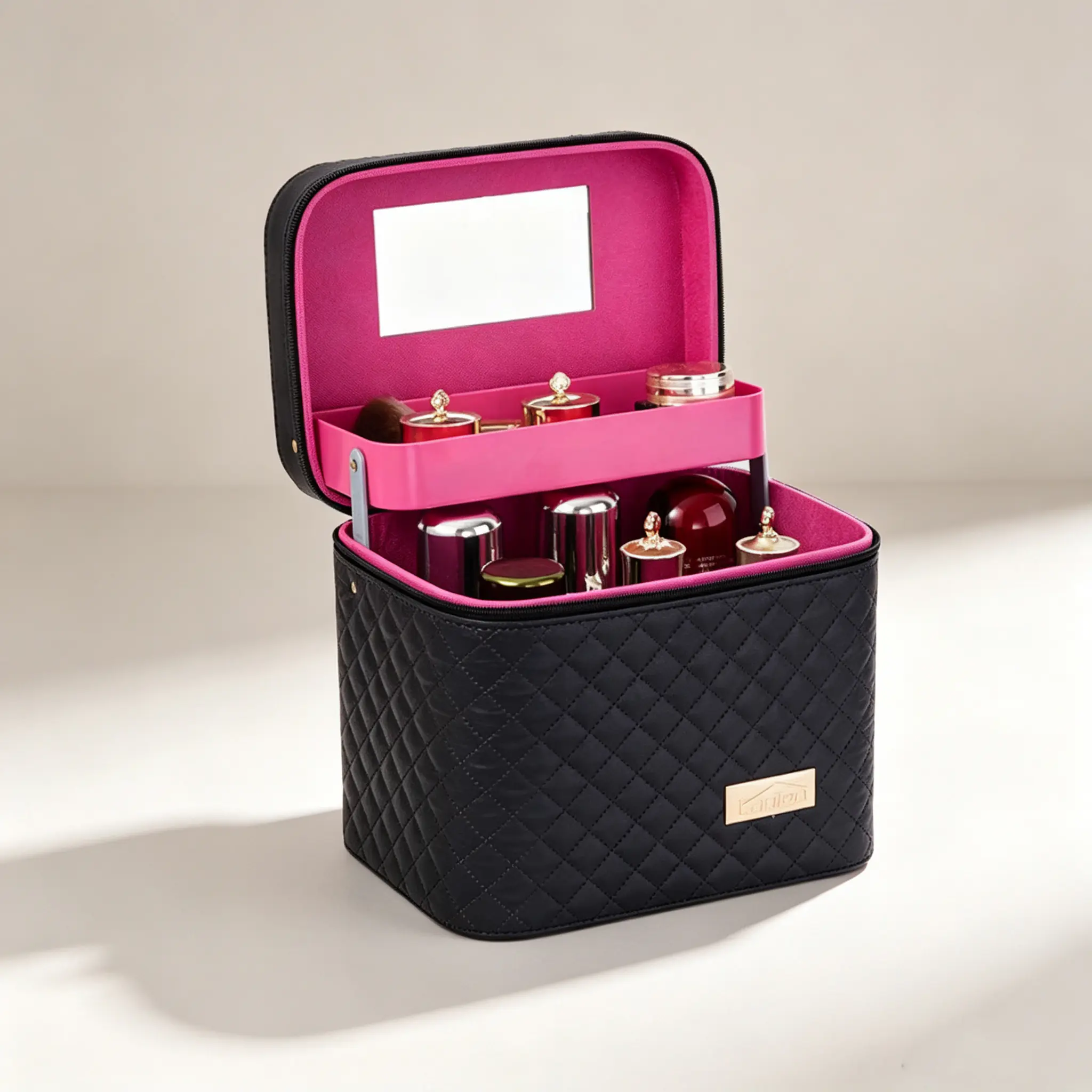 139 Quilted PU Leather Makeup Bag with Built-in Mirror & Lift-Out Tray, Large Capacity Portable Travel Cosmetic Storage Case for Skincare & Make-up - Image 1