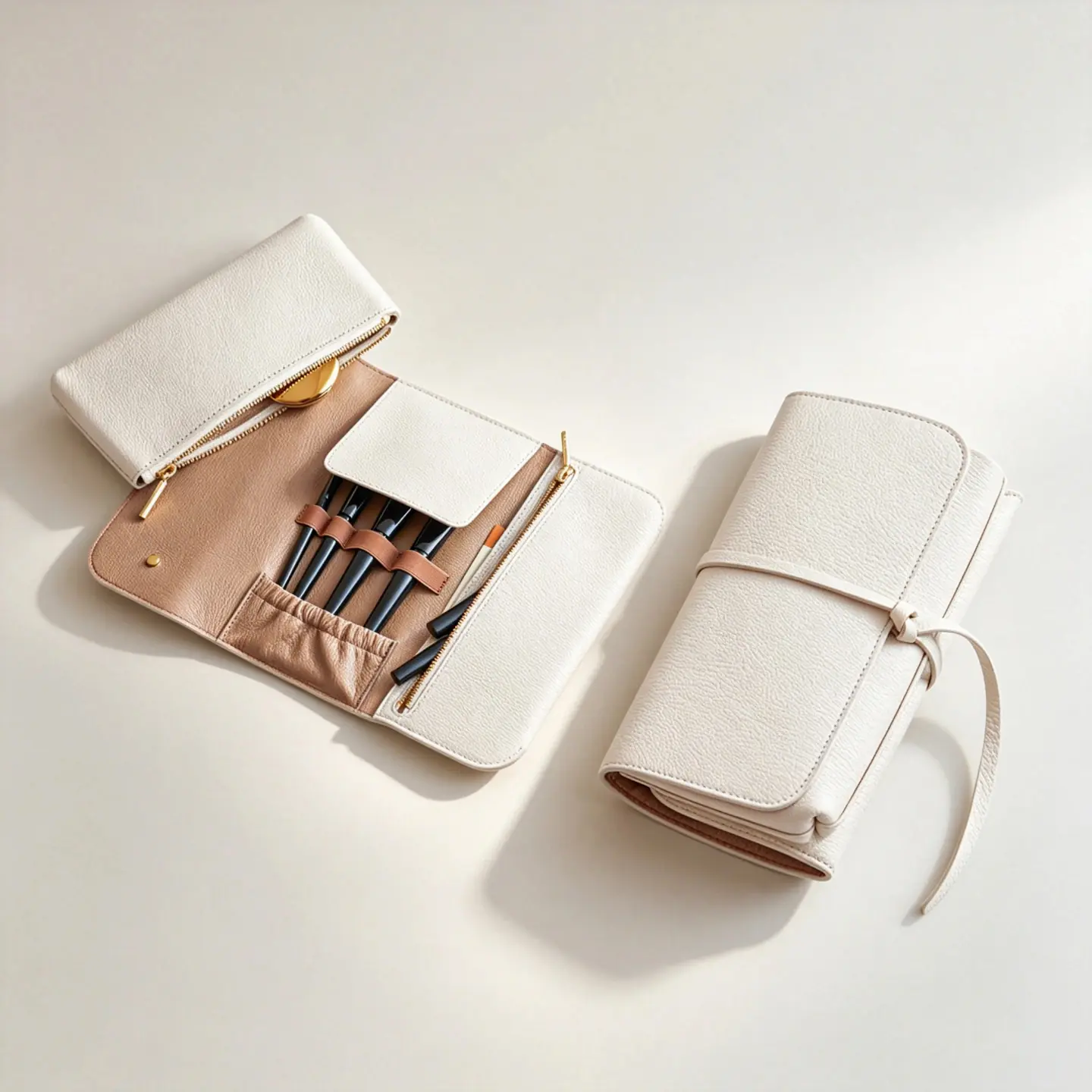 149 Cream Grain PU Leather Roll-Up Makeup Brush Bag, Multi-Pocket Travel Cosmetic Organizer Pouch with Tie Closure - Image 1