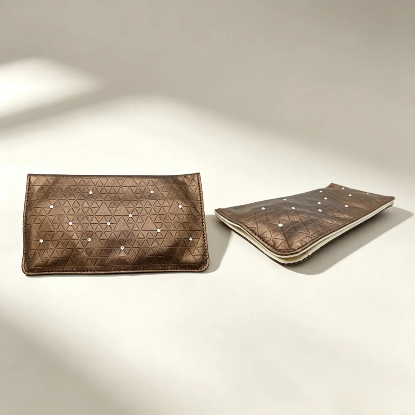 150 Bronze Geometric Embossed PU Leather Envelope Pouch, Rhinestone Decor Flat Cosmetic & Jewelry Storage Clutch Bag - Image 1