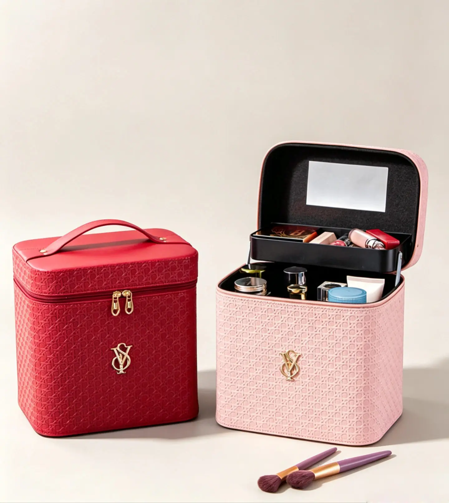 153 Embossed PU Leather Makeup Storage Case with Mirror, Portable Cosmetic Organizer Box with Removable Tray & Top Handle - Image 1