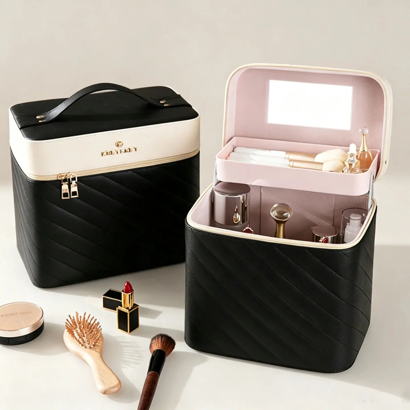 154 Two-Tone Quilted PU Leather Cosmetic Case with Mirror, Portable Makeup Storage Box with Removable Upper Tray & Top Handle - Image 1