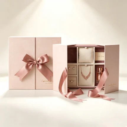 Pink Double Door Multi-Compartment Rigid Jewelry Gift Box, Luxury Bi-Fold Packaging Box with Satin Bow, Velvet Divided Insert for Necklace, Ring, Earring & Perfume Gift Set