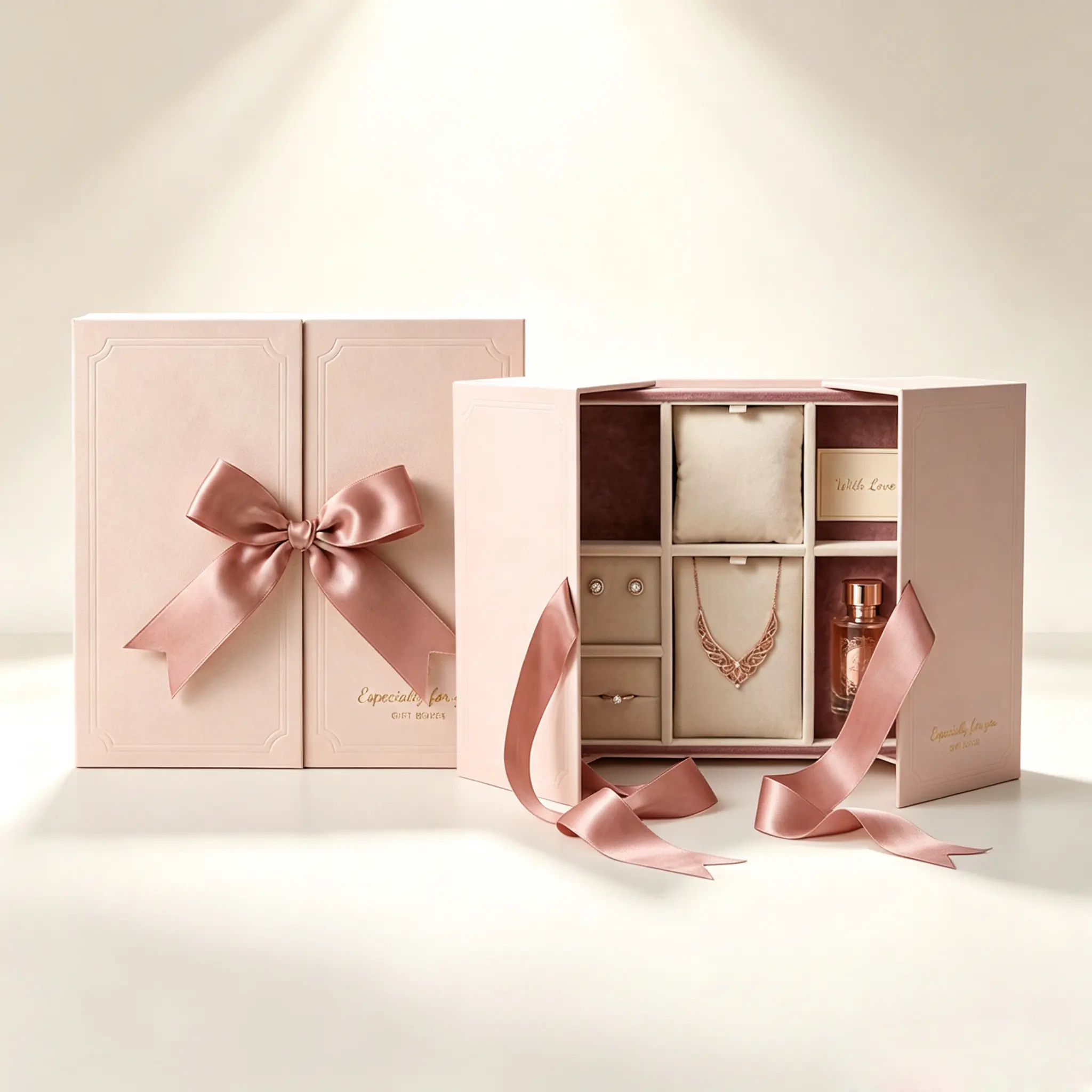 160 Pink Double Door Multi-Compartment Rigid Jewelry Gift Box, Luxury Bi-Fold Packaging Box with Satin Bow, Velvet Divided Insert for Necklace, Ring, Earring & Perfume Gift Set - Image 1
