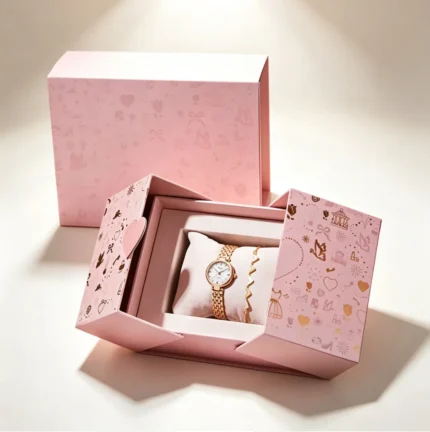 Pink Double Door Watch Gift Box, Luxury Bi-Fold Rigid Packaging Box with Gold Foil Cartoon Print & Velvet Pillow for Watch & Bracelet Jewelry Set