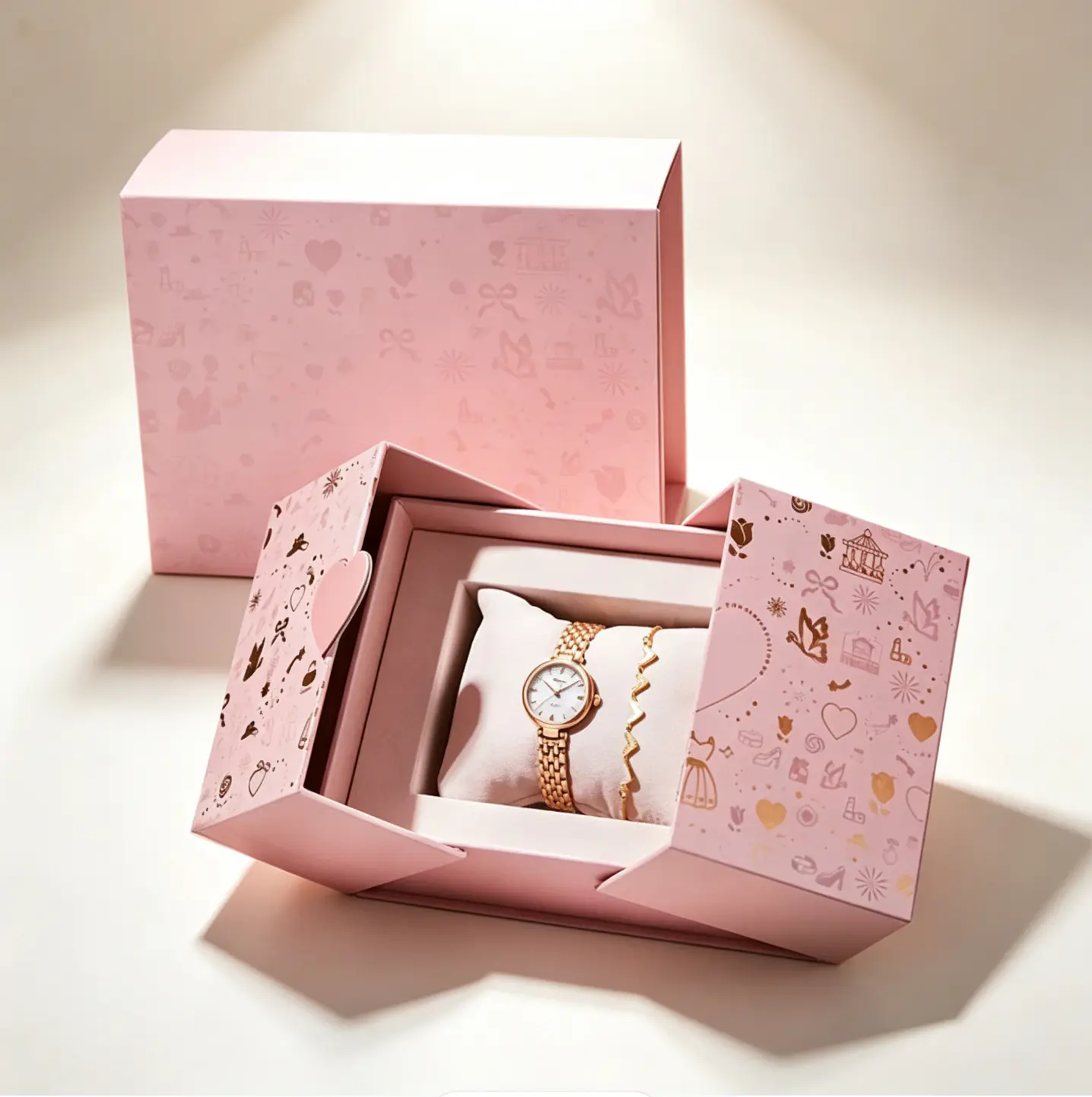 164 Pink Double Door Watch Gift Box, Luxury Bi-Fold Rigid Packaging Box with Gold Foil Cartoon Print & Velvet Pillow for Watch & Bracelet Jewelry Set - Image 1