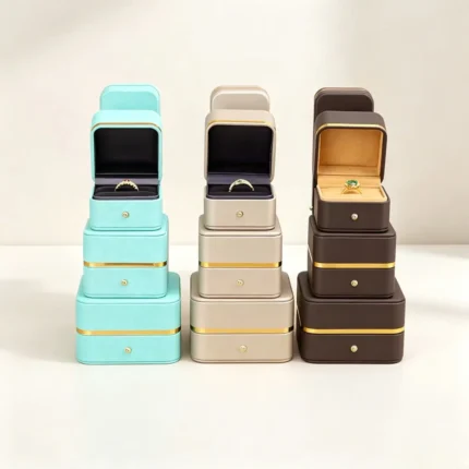 Multi‑Color Jewelry Box With Gold Metal Trim,Cross‑Texture PU Snap‑Button Ring Jewelry Packaging Set