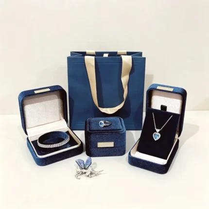 Navy‑Blue Velvet Full Jewelry Gift Box Set With Matching Paper Tote Bag