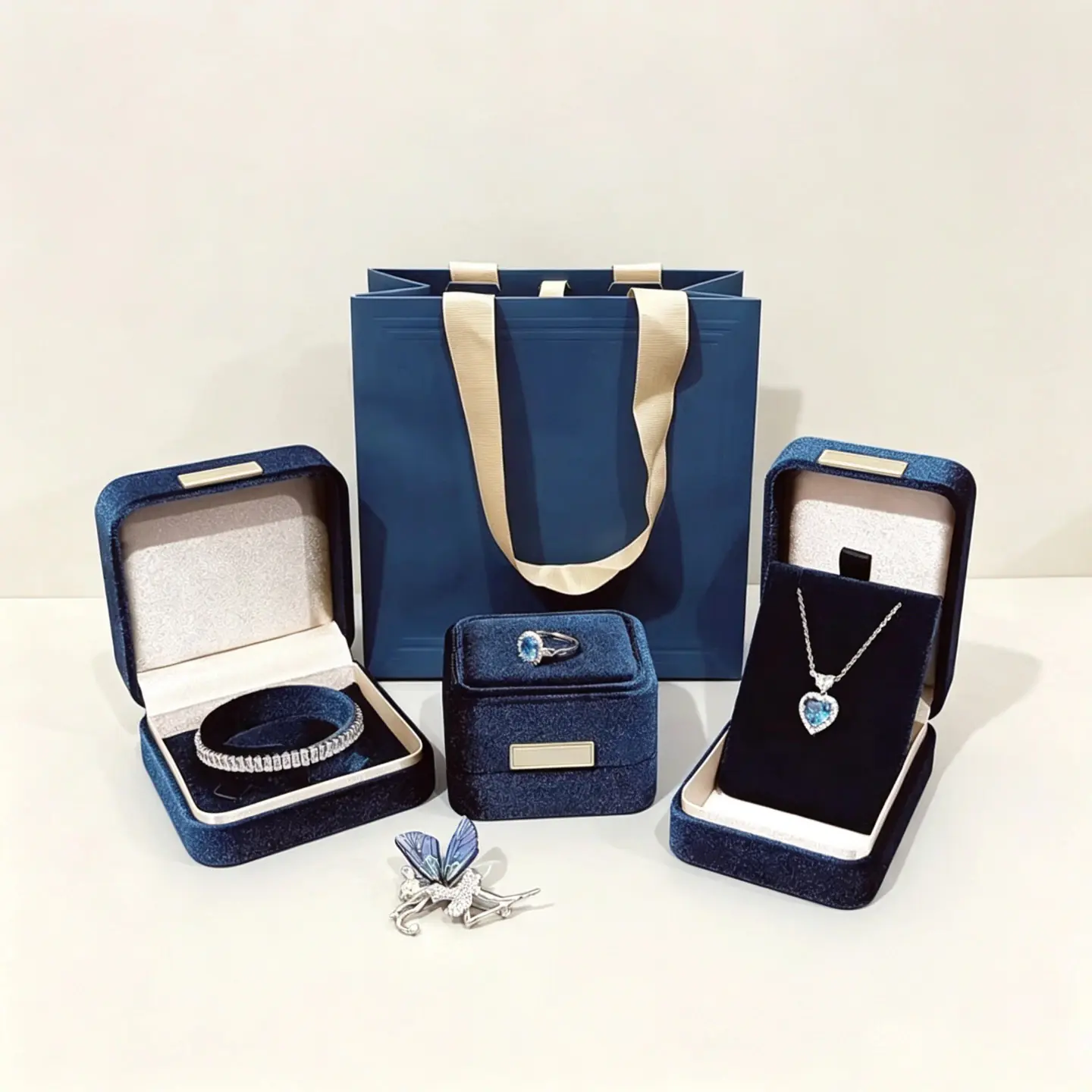 22 Navy‑Blue Velvet Full Jewelry Gift Box Set With Matching Paper Tote Bag - Image 1
