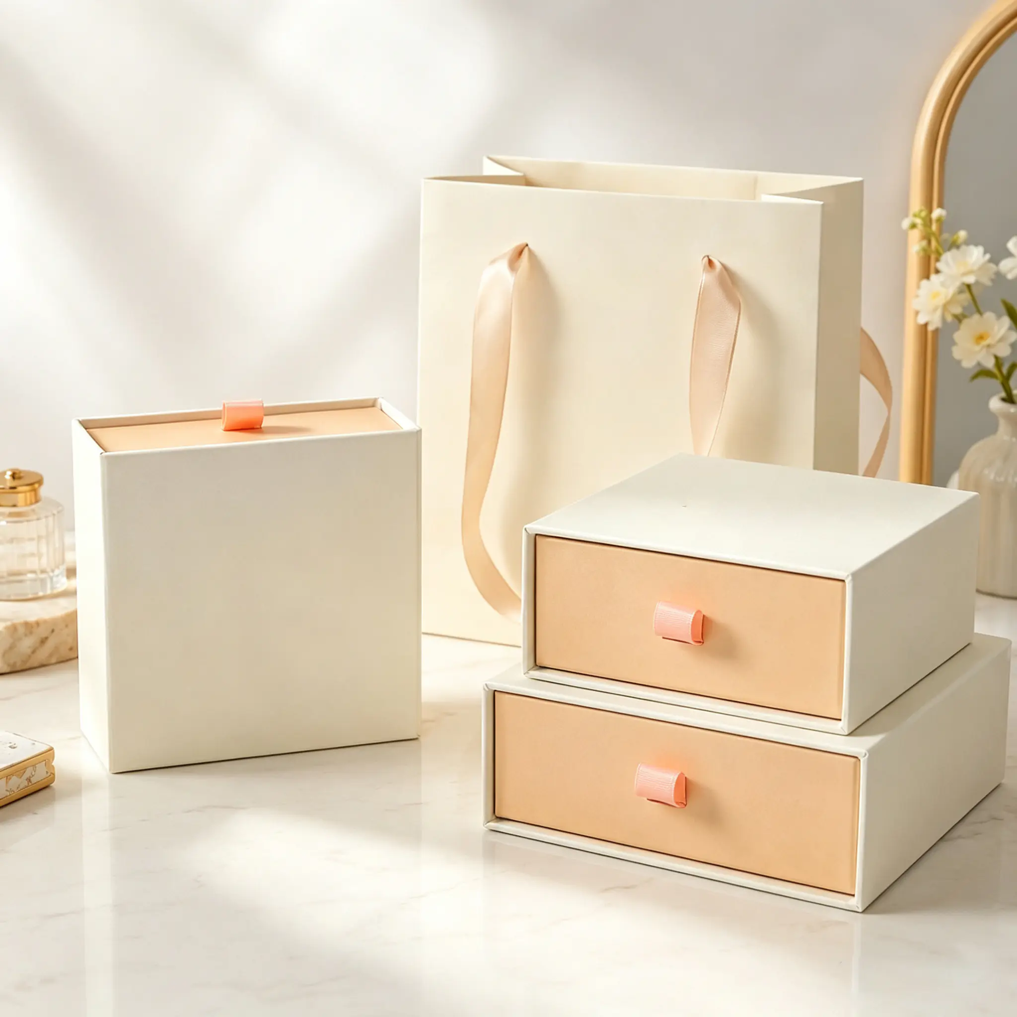 23 Cream Custom Logo Drawer Gift Box Set with Paper Shopping Bag - Image 1