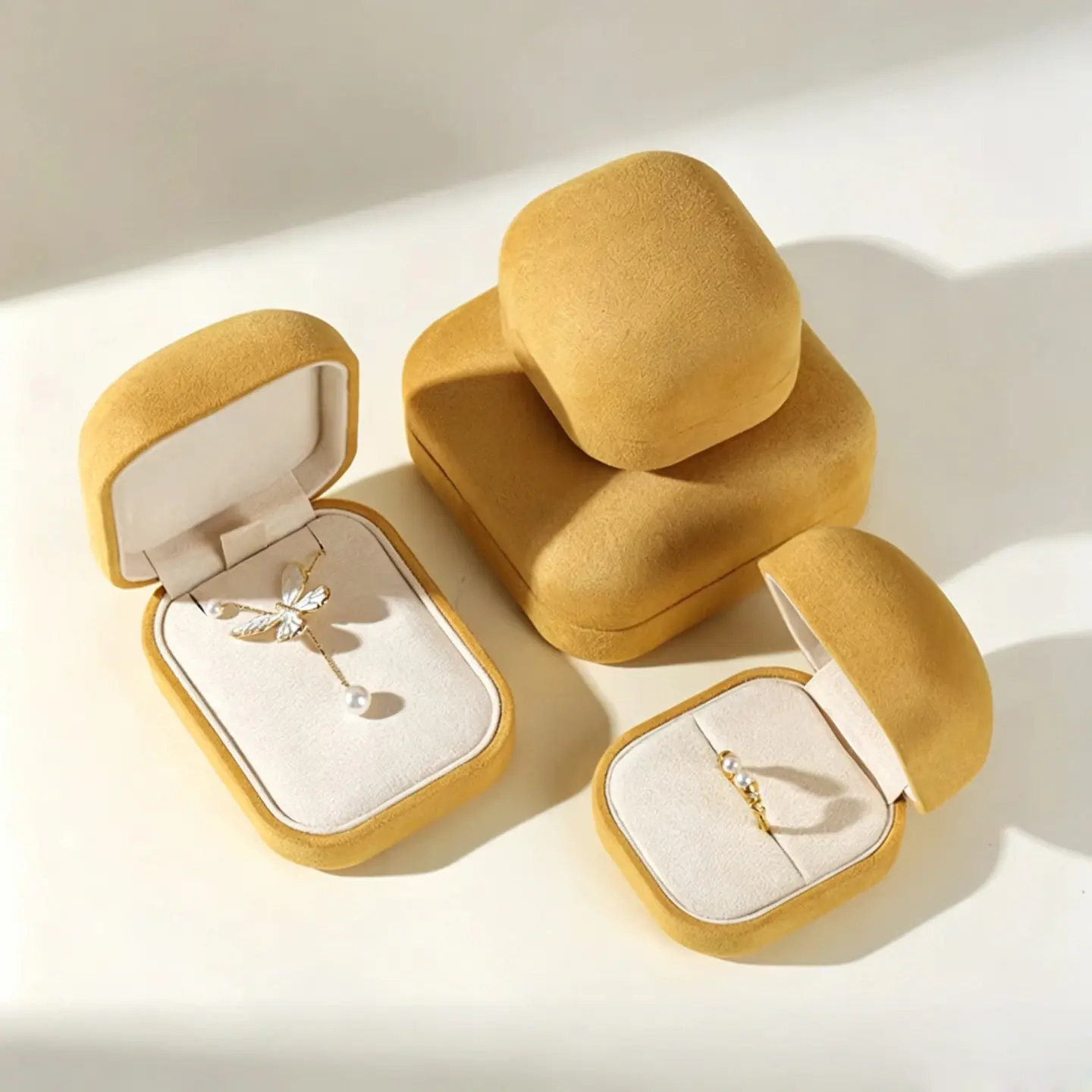 23 Ginger‑Yellow Suede Rounded‑Corner Jewelry Box,Vintage Gentle‑Tone Gift Box for Ring & Necklace - Image 1