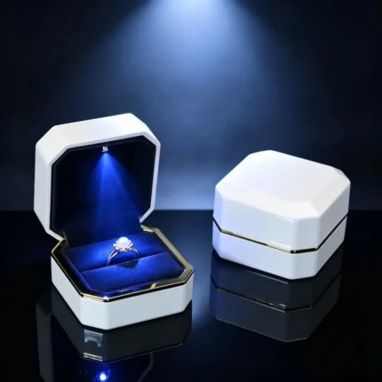 Octagon LED Light Ring Jewelry Box, Glossy ABS Lacquered Gift Box With Gold Trim