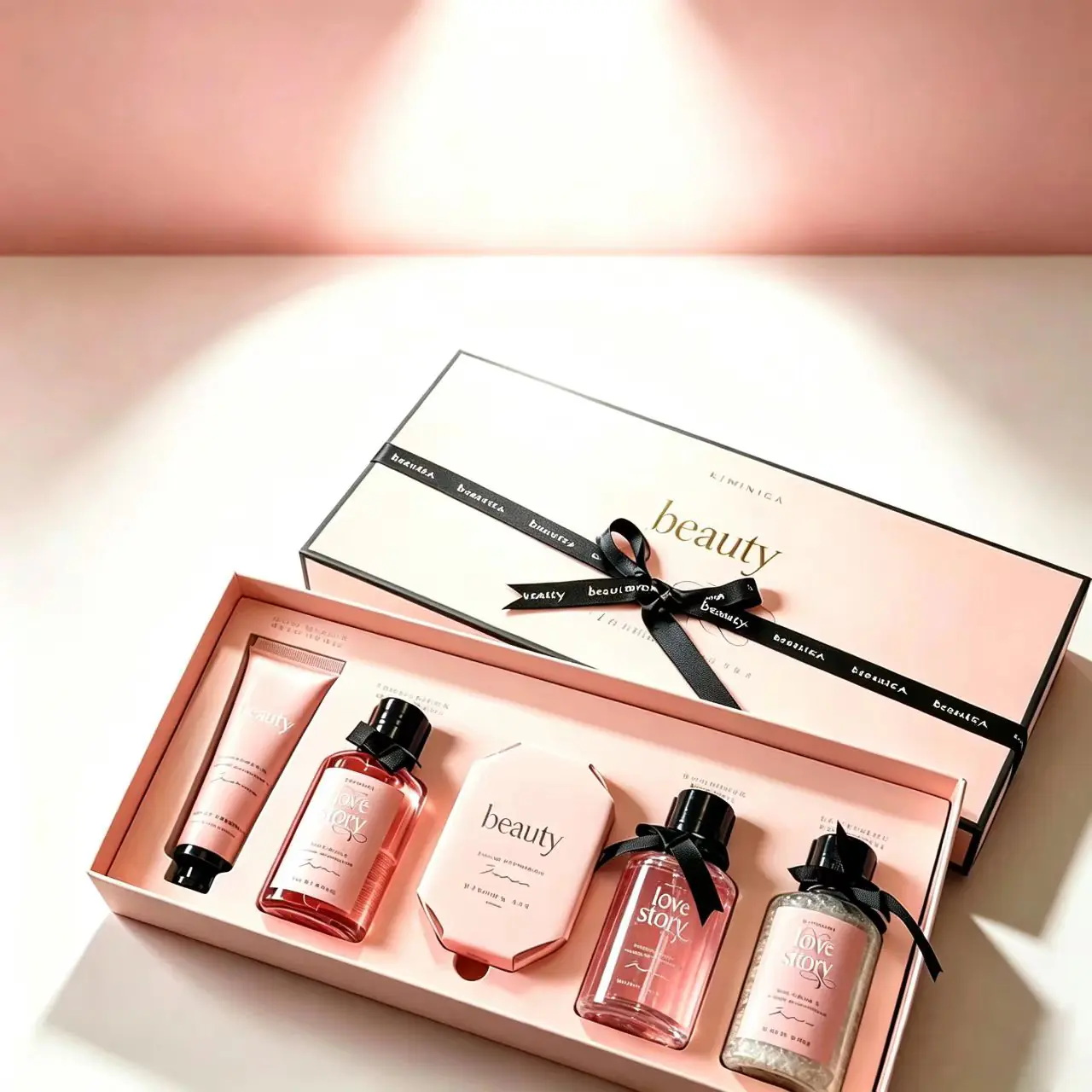 3 Pink Telescope Gift Box for Bath Set with Ribbon & Custom Paper Insert - Image 1