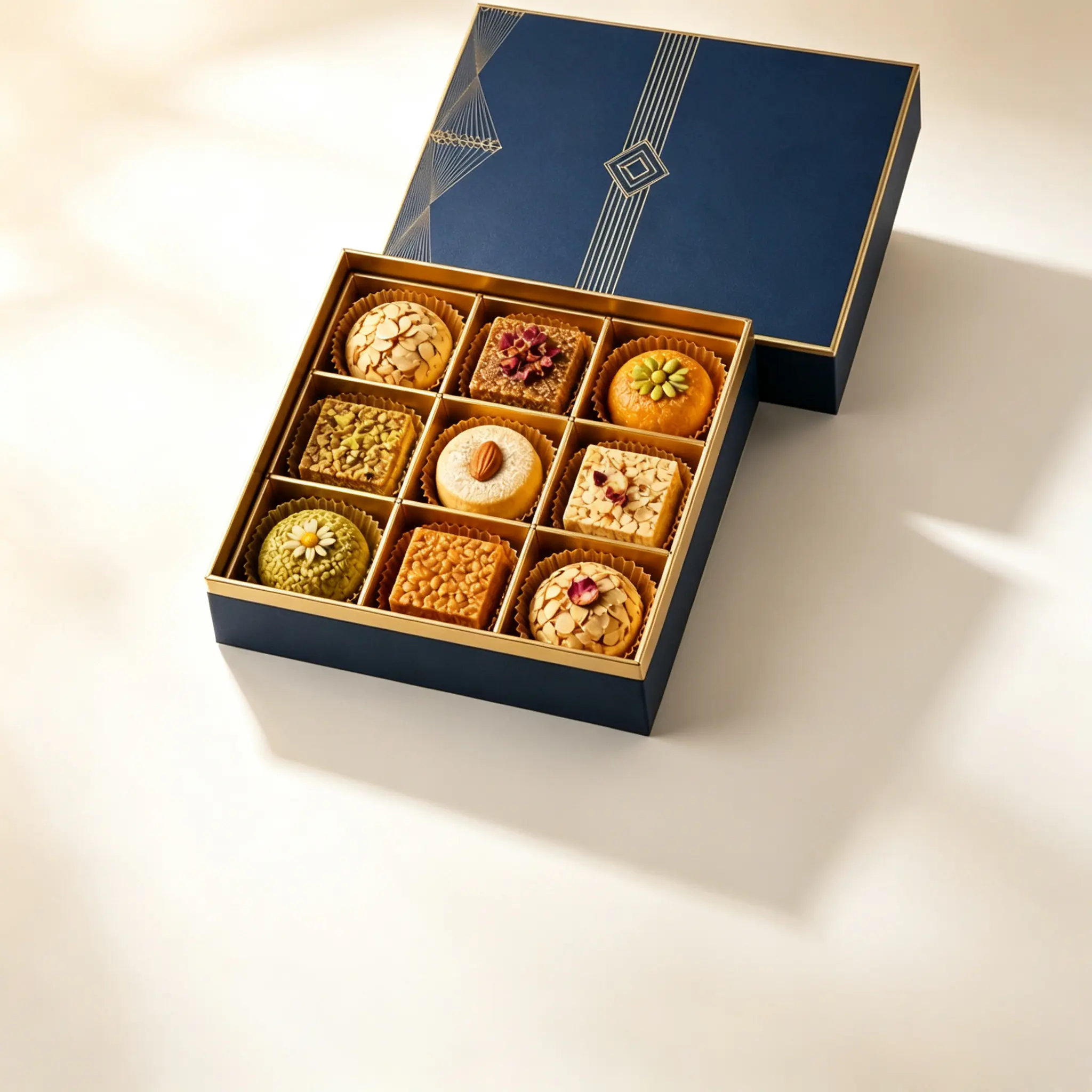 30 Dark Blue Gold Trim 9-Cell Nut & Pastry Rigid Gift Box - Image 1