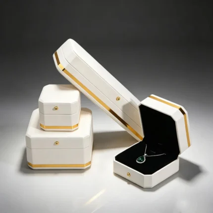 Octagonal Bevel‑Edge PU Jewelry Box Set With Gold Trim, Packaging Box for Ring Necklace Bangle