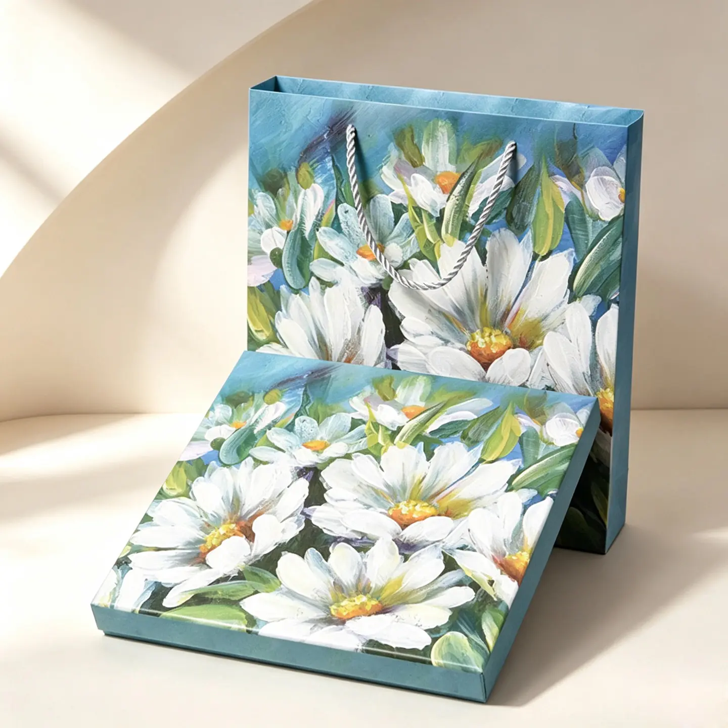42 Oil‑Painting Daisy Print Rigid Gift Box & Matching Paper Bag Set - Image 1