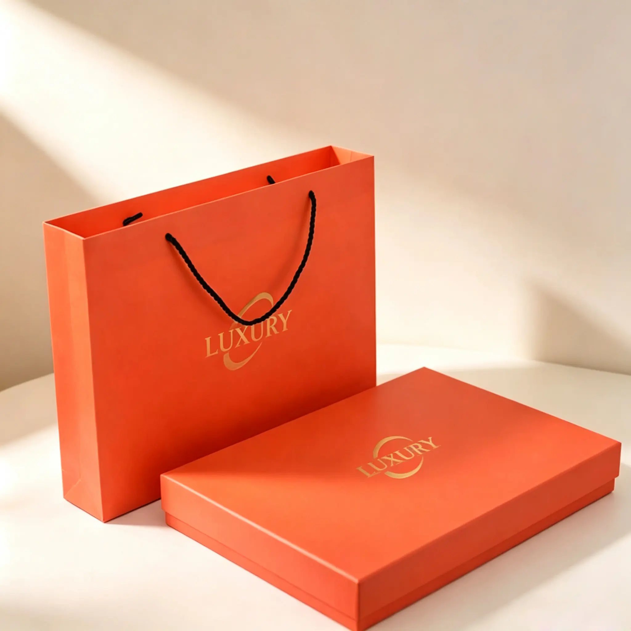 43 Orange Hot‑Stamping Logo Rigid Gift Box & Matching Paper Bag Set for Cashmere Garments - Image 1