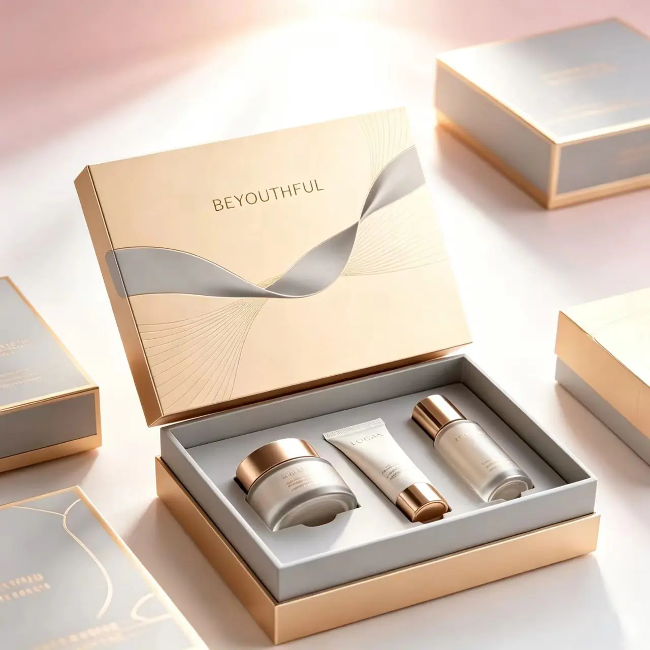 5 Gold & Grey Streamline Flip Rigid Gift Box for Skincare Collection - Image 1