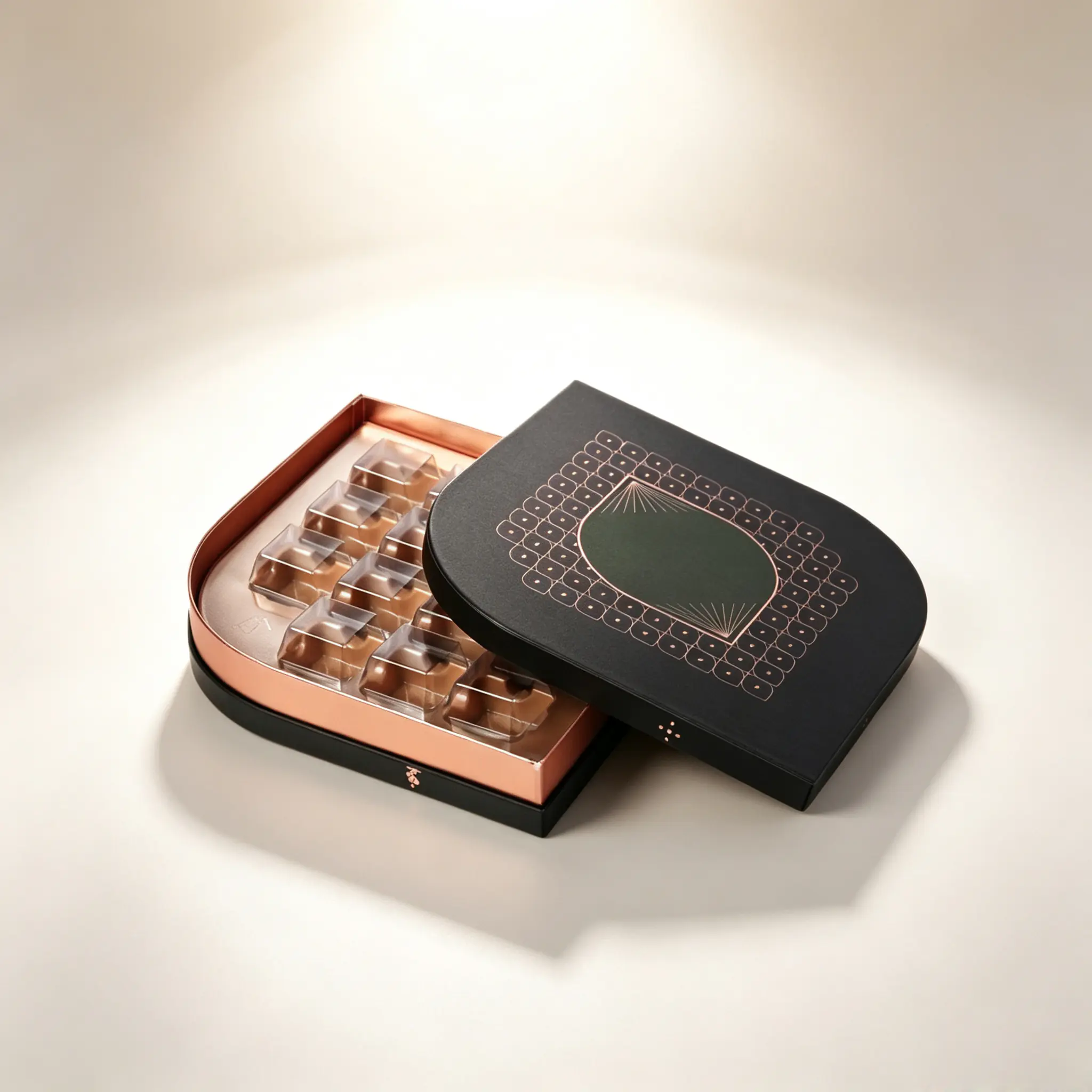 57 Black Rounded Corner Rose Gold Chocolate Compartment Box - Image 1