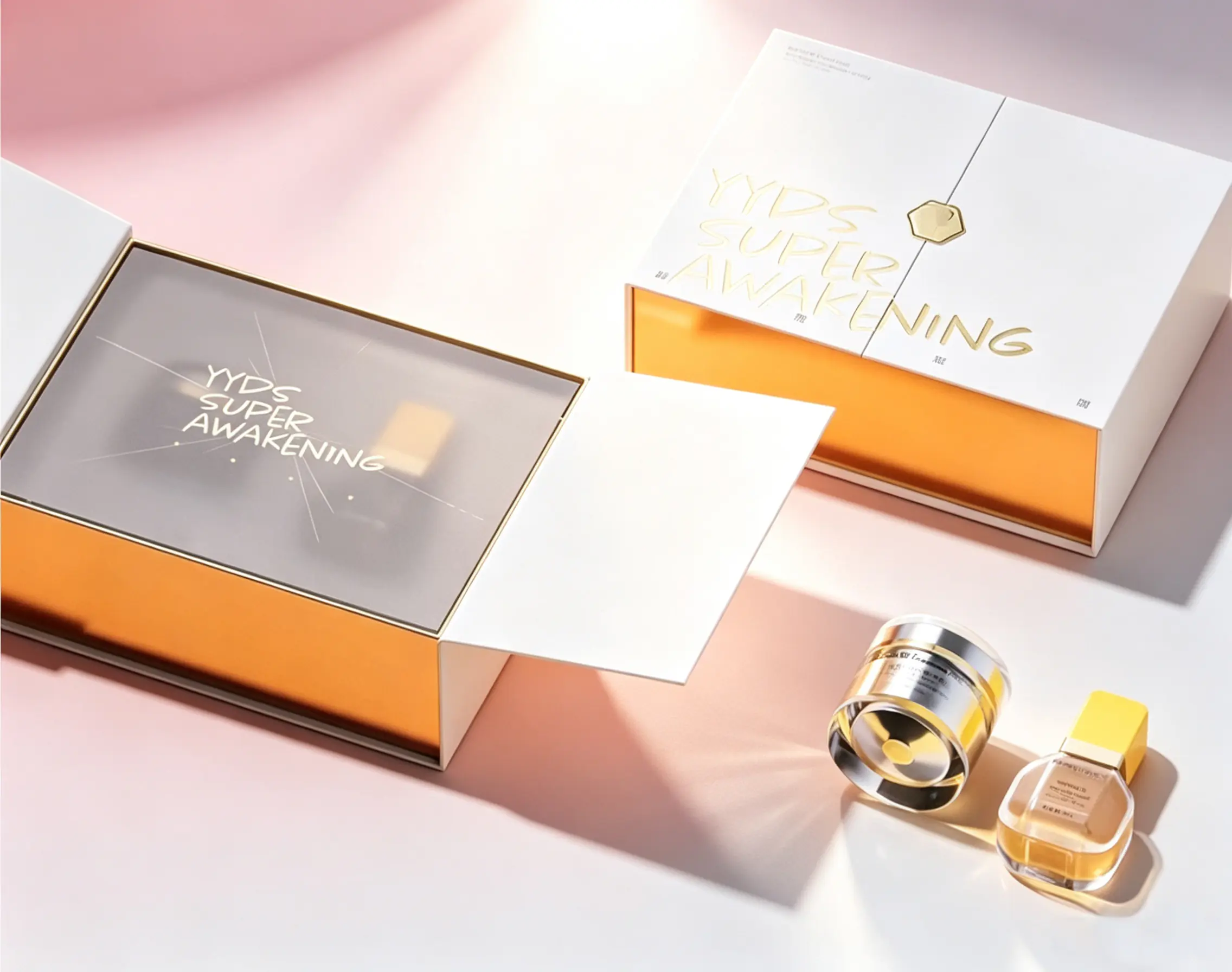 70 Orange & White Clamshell Rigid Skincare Gift Box With Transparent Window - Image 1
