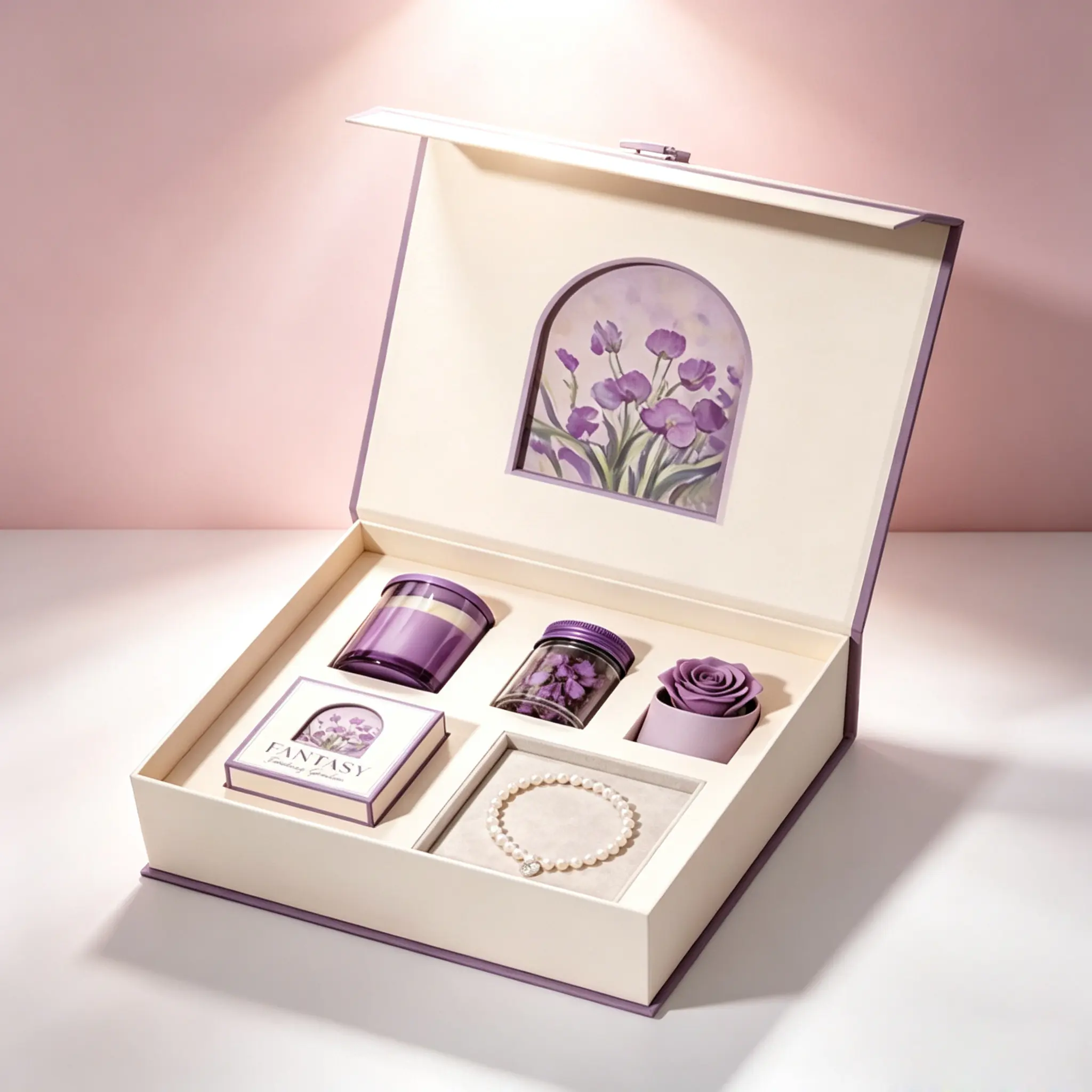 75 Cream & Lavender Flip Gift Box for Candle & Floral Souvenir Set - Image 1