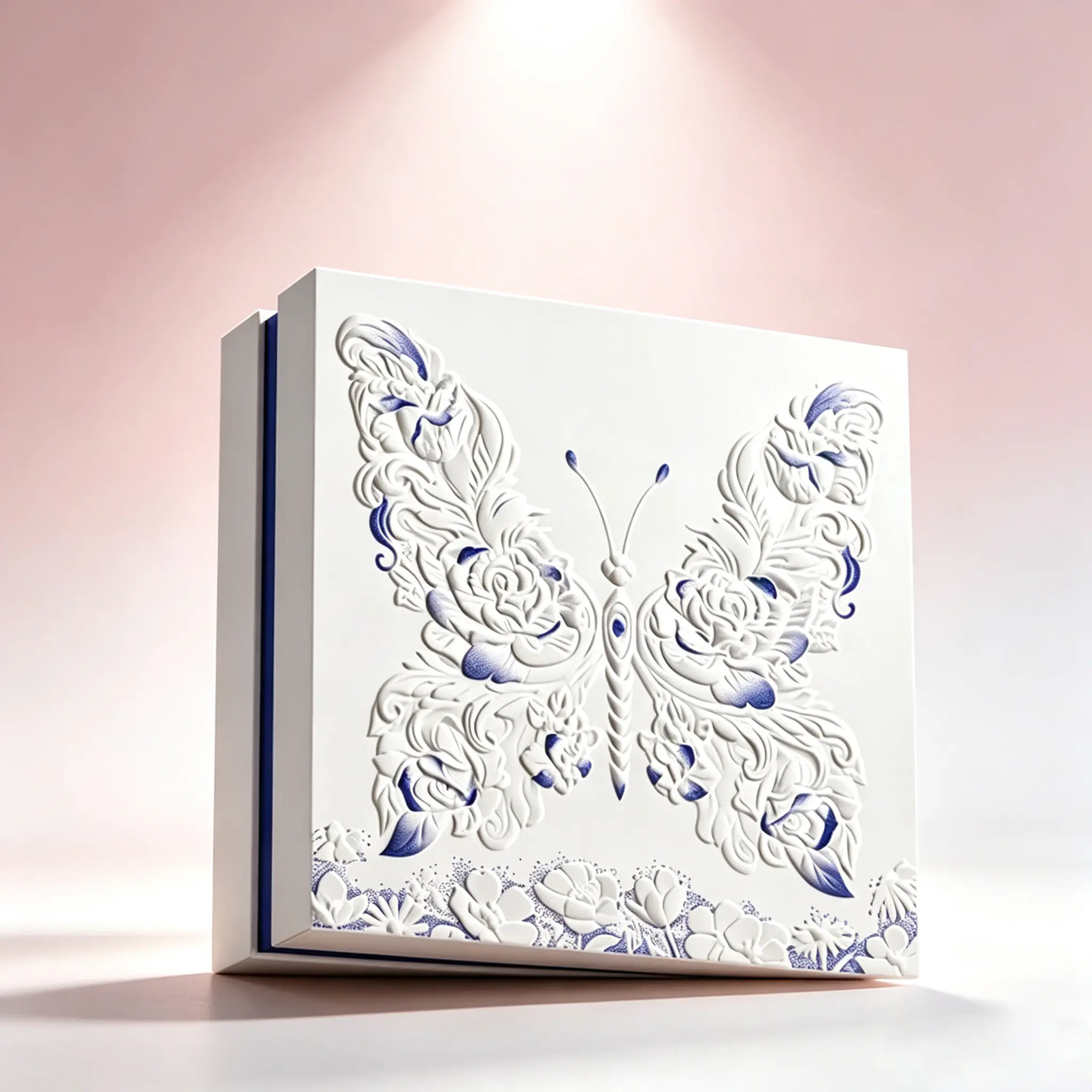 78 White & Blue Embossed Butterfly & Rose Rigid Lid & Base Gift Box - Image 1