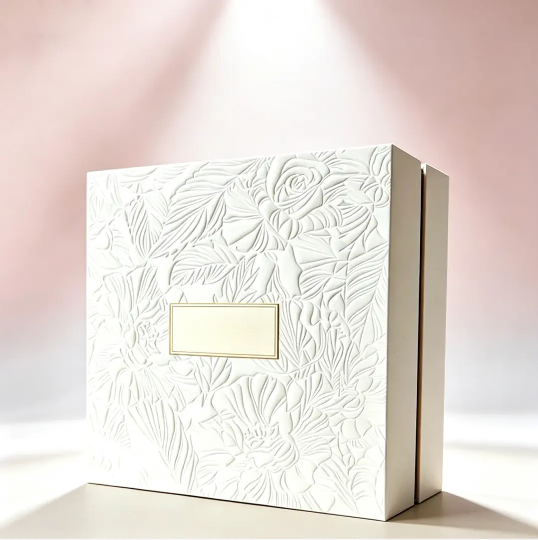 79 Cream White Full Floral Embossed Lid & Base Rigid Gift Box - Image 1