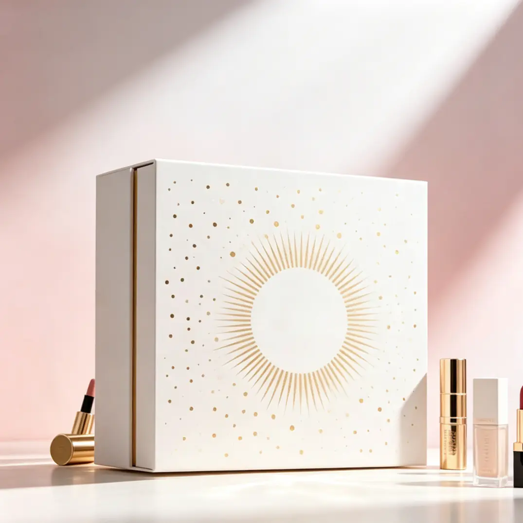 80 White & Gold Sunburst Pattern Rigid Lid & Base Gift Box for Cosmetic Set - Image 1