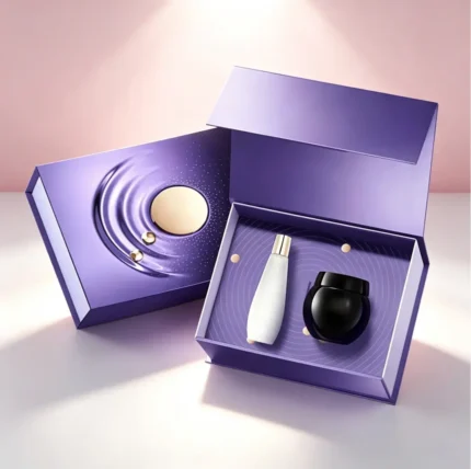 Purple Blue Pearlescent Magnetic Flip Rigid Box for 2-piece Toner & Cream Skincare Set