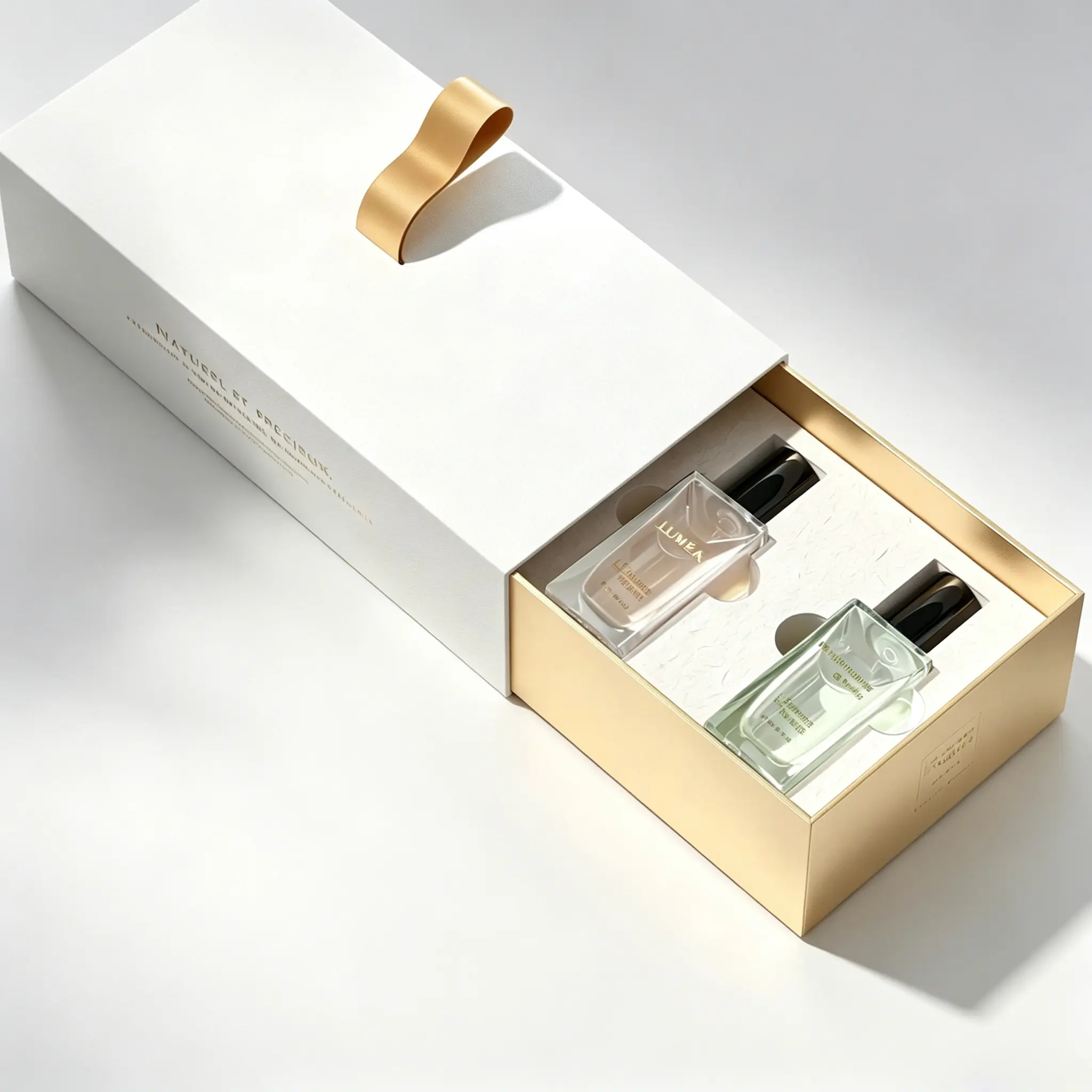 87 White & Gold Drawer Rigid Gift Box with Ribbon Handle for Dual Perfume Bottles - Image 1