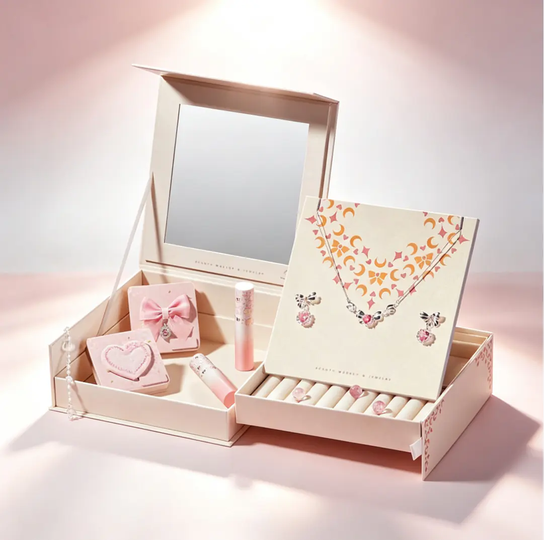 88 Light Pink Multi-function Flip Gift Box with Mirror for Makeup & Jewelry Combo Set - Image 1