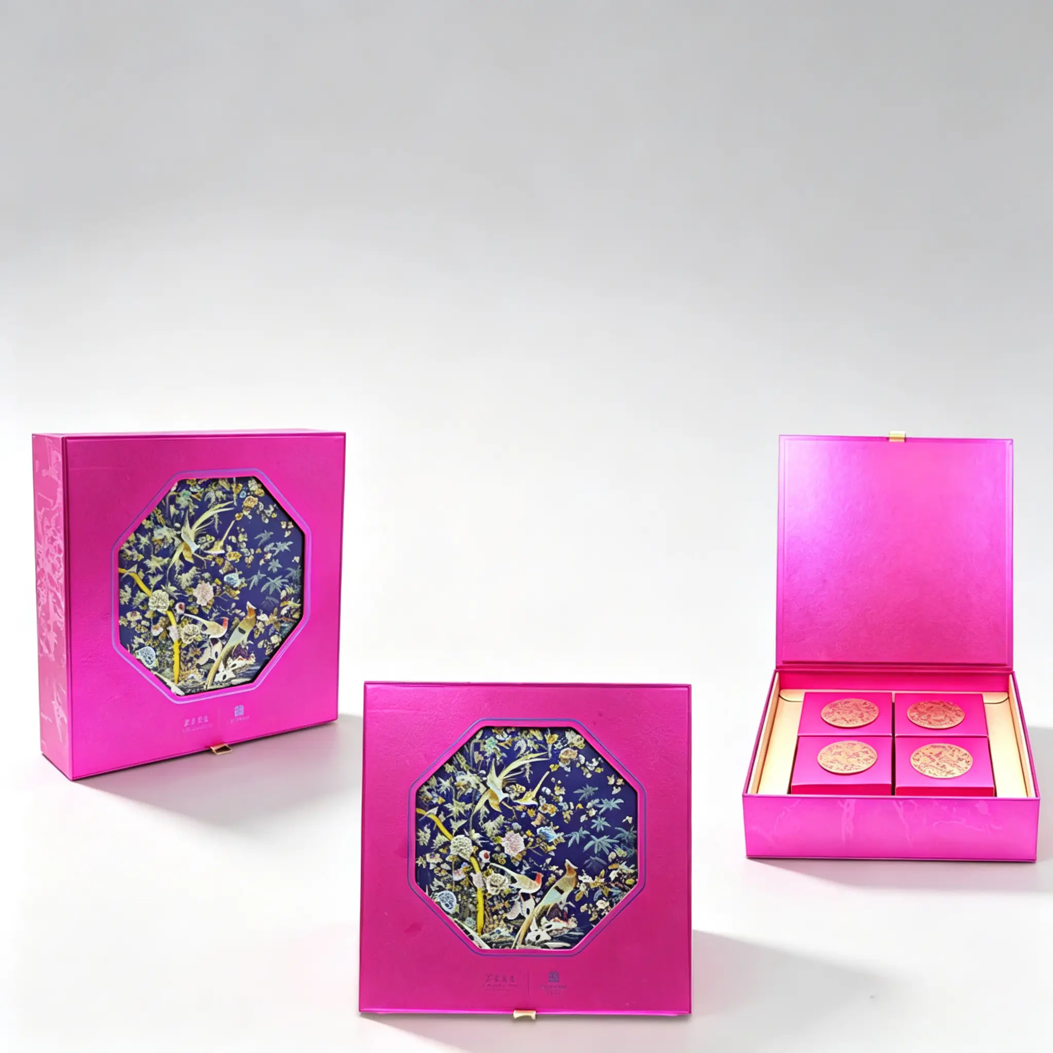 92 Fuchsia Chinese Bird & Flower Window Flip Rigid Mooncake Gift Box - Image 1