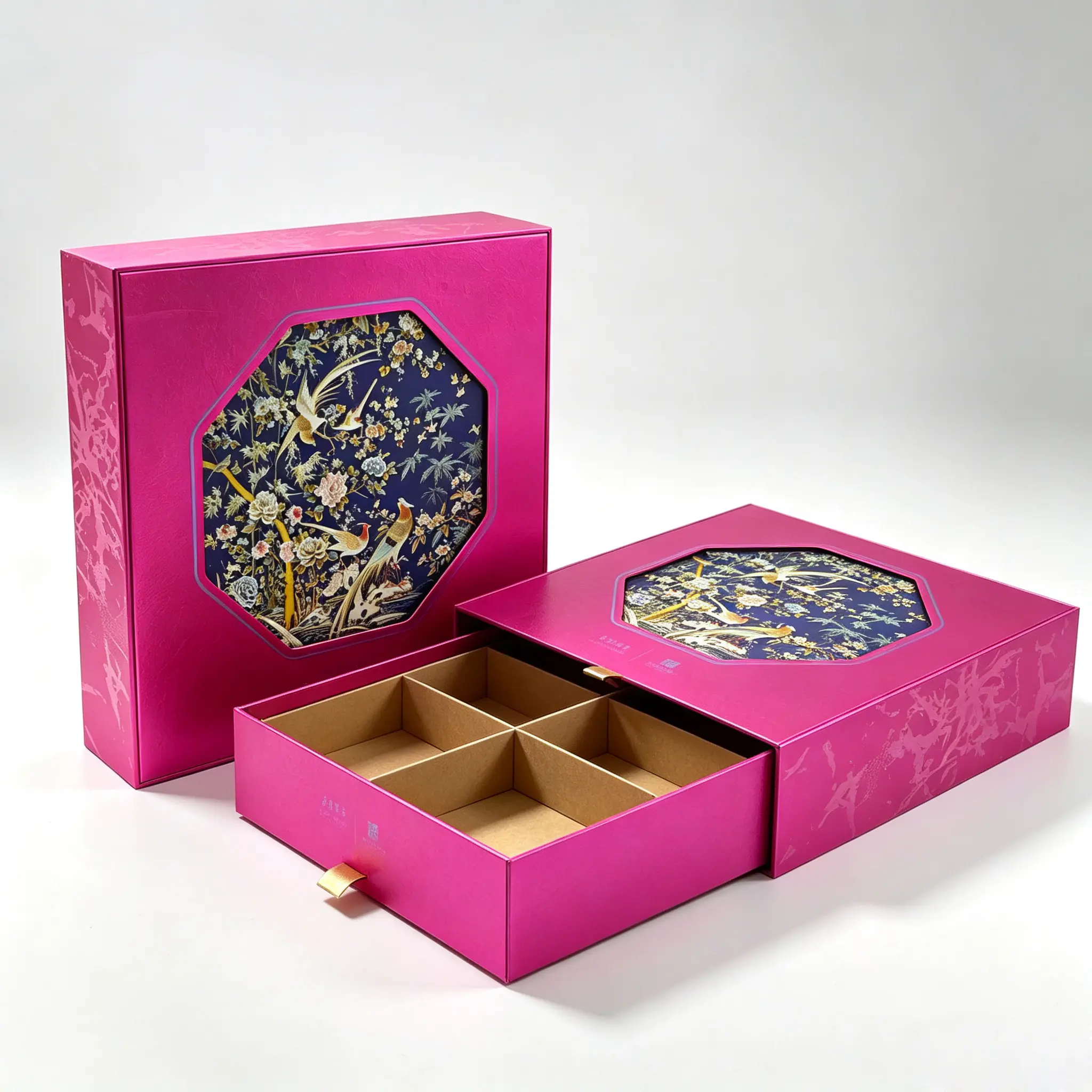 96 Fuchsia Chinese Classical Floral & Bird Artwork Drawer Rigid Gift Box - Image 1