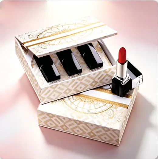 97 Cream Vintage Gold Pattern Flip Rigid Gift Box for Lipstick Set - Image 1